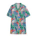 Watercolor Tropical Patchwork Print Cotton Hawaiian Shirt