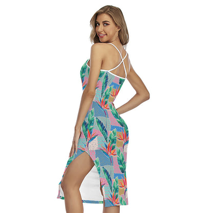 Watercolor Tropical Patchwork Print Cross Back Cami Dress