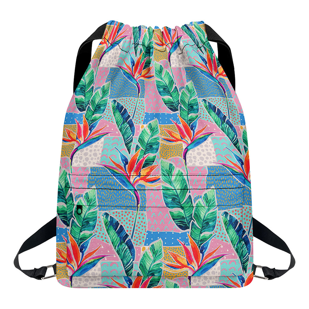 Watercolor Tropical Patchwork Print Drawstring Backpack