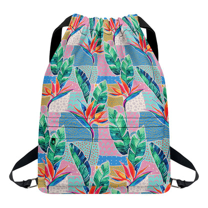 Watercolor Tropical Patchwork Print Drawstring Backpack