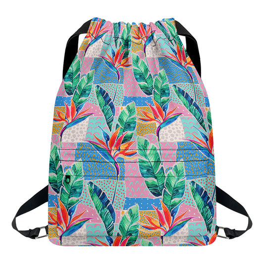 Watercolor Tropical Patchwork Print Drawstring Backpack