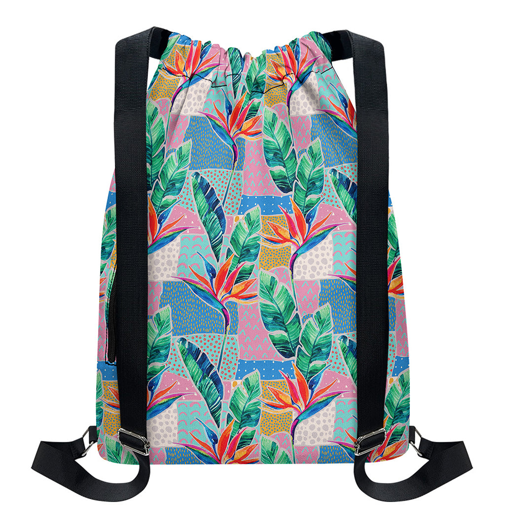 Watercolor Tropical Patchwork Print Drawstring Backpack