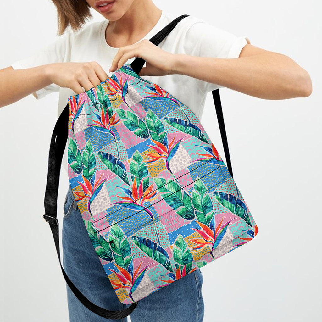 Watercolor Tropical Patchwork Print Drawstring Backpack
