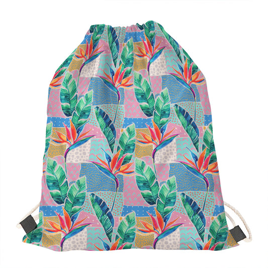 Watercolor Tropical Patchwork Print Drawstring Bag
