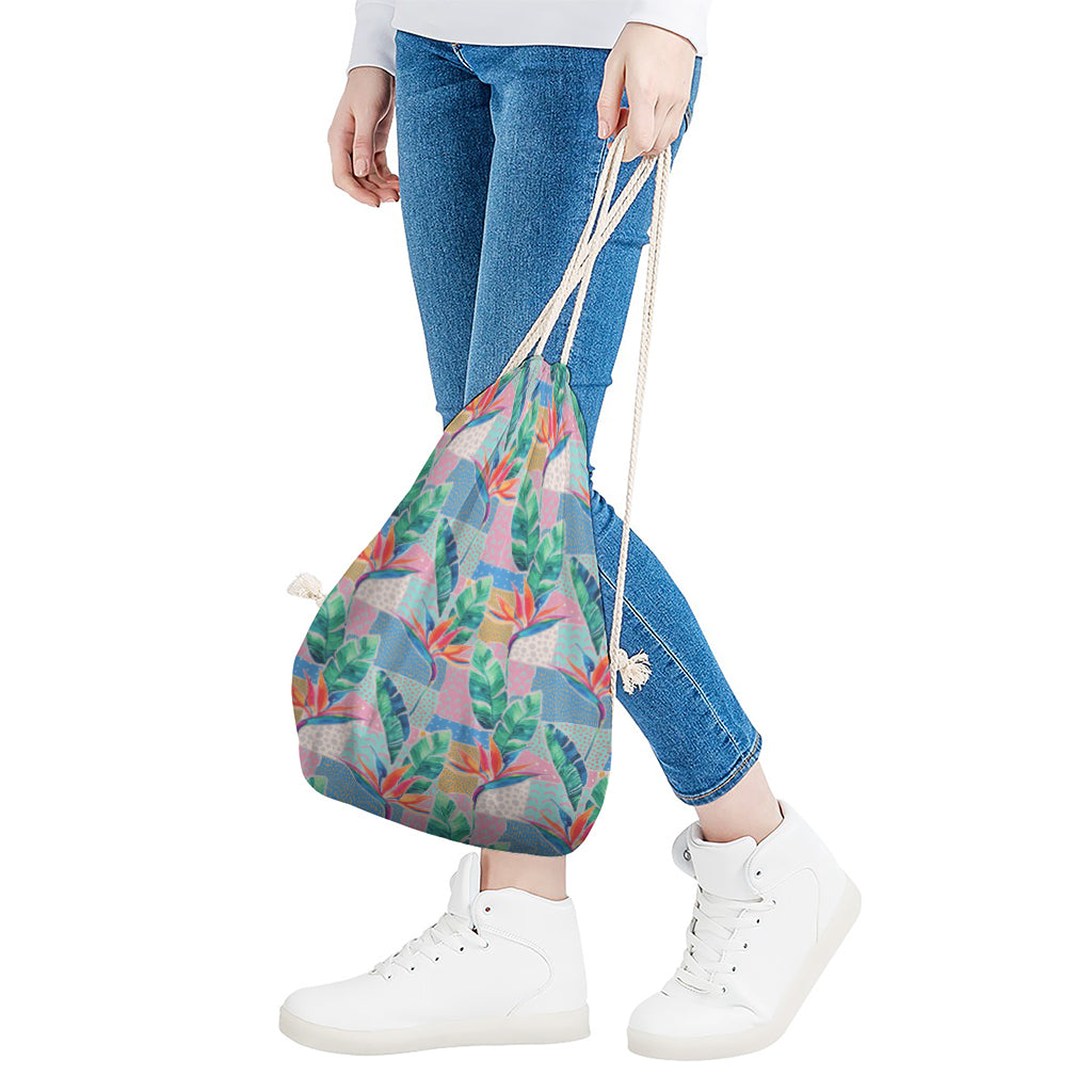 Watercolor Tropical Patchwork Print Drawstring Bag