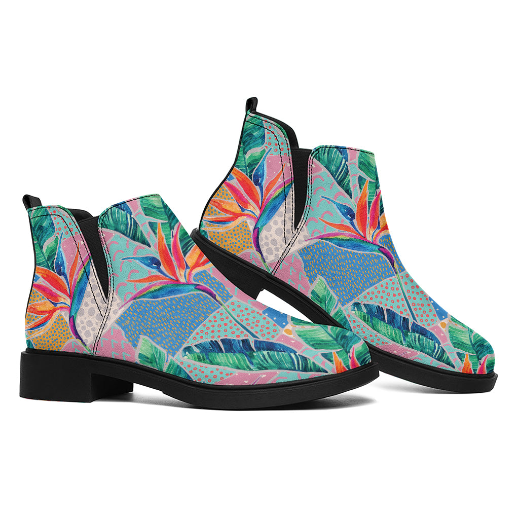 Watercolor Tropical Patchwork Print Flat Ankle Boots