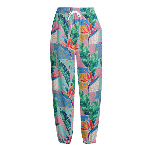 Watercolor Tropical Patchwork Print Fleece Lined Knit Pants