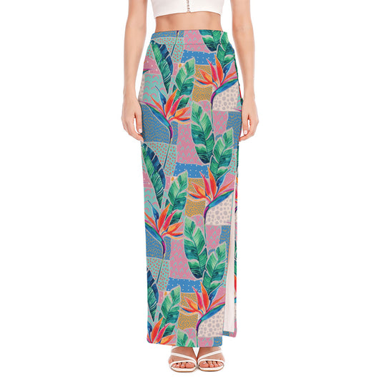 Watercolor Tropical Patchwork Print High Slit Maxi Skirt