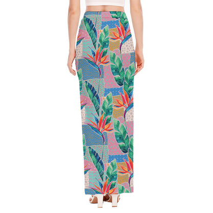 Watercolor Tropical Patchwork Print High Slit Maxi Skirt