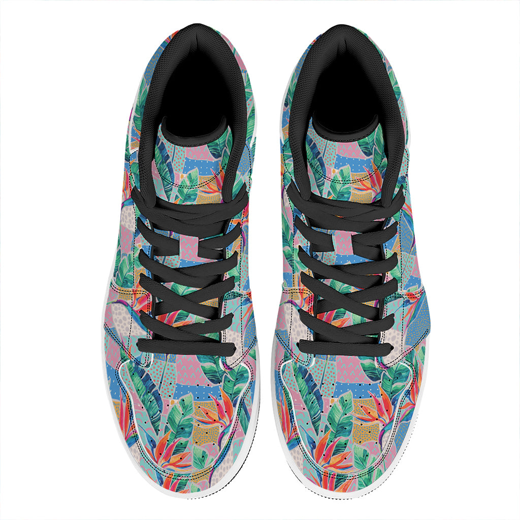 Watercolor Tropical Patchwork Print High Top Leather Sneakers