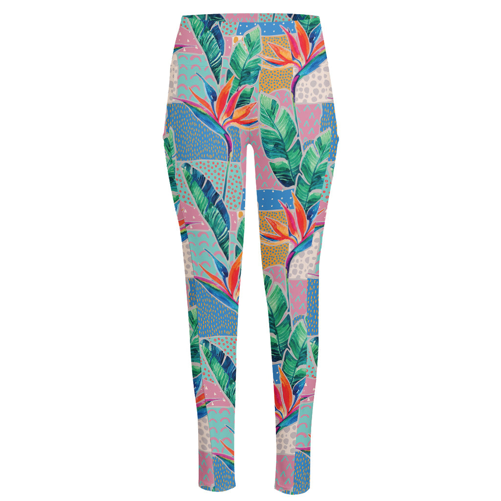 Watercolor Tropical Patchwork Print High-Waisted Pocket Leggings