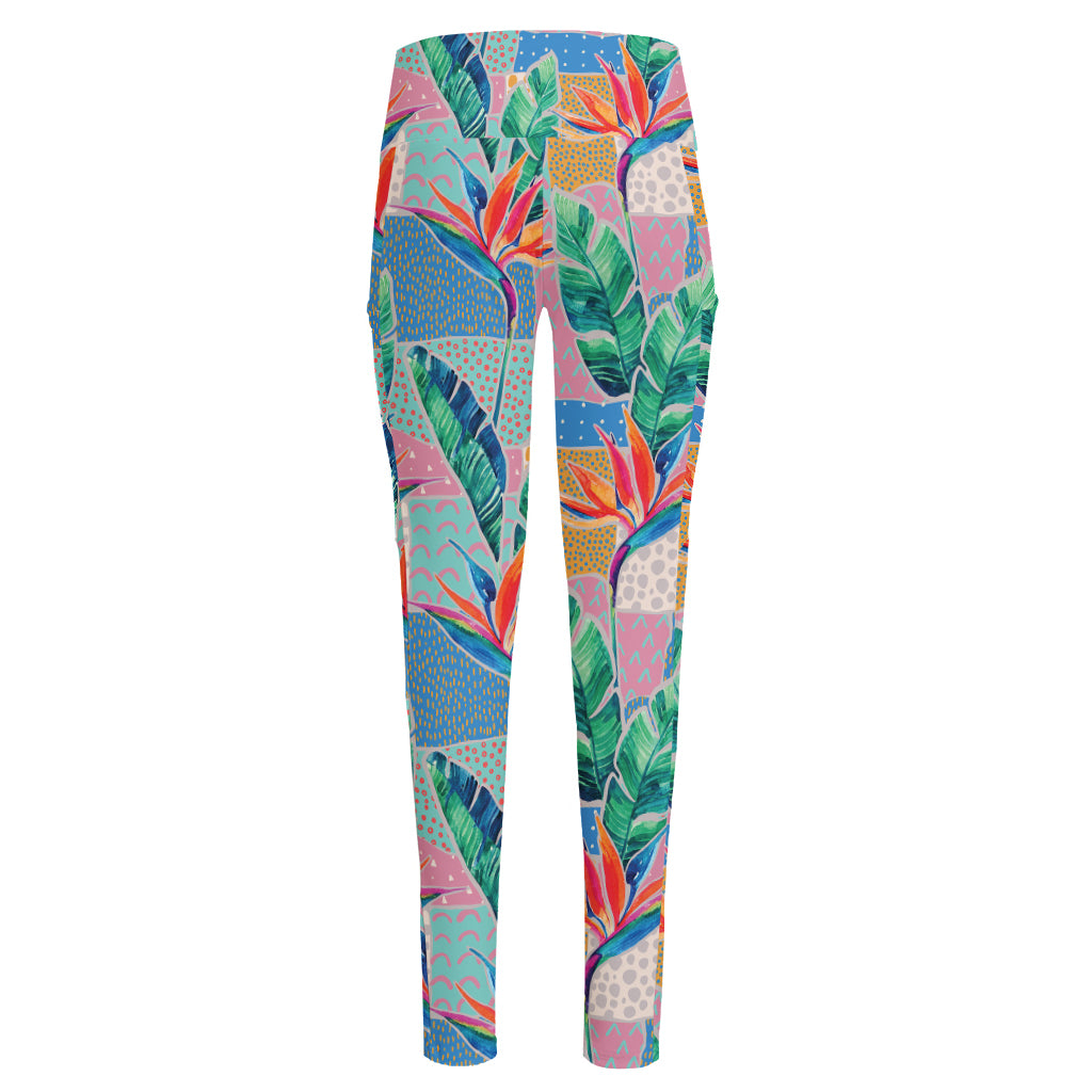 Watercolor Tropical Patchwork Print High-Waisted Pocket Leggings