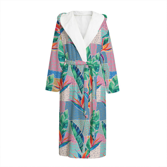 Watercolor Tropical Patchwork Print Hooded Bathrobe