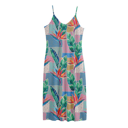 Watercolor Tropical Patchwork Print Jersey Midi Cami Dress