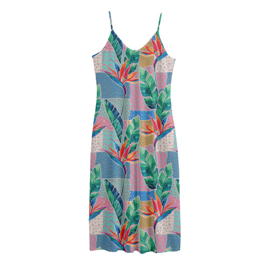 Watercolor Tropical Patchwork Print Jersey Midi Cami Dress