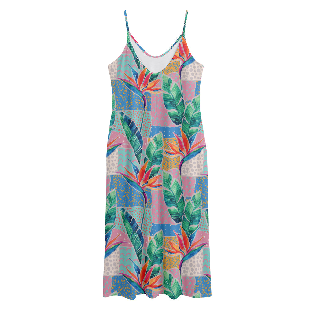 Watercolor Tropical Patchwork Print Jersey Midi Cami Dress