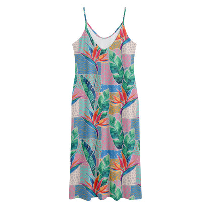 Watercolor Tropical Patchwork Print Jersey Midi Cami Dress