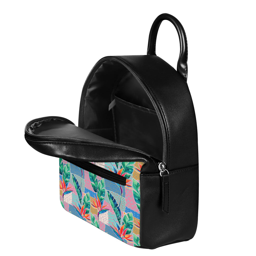 Watercolor Tropical Patchwork Print Leather Backpack