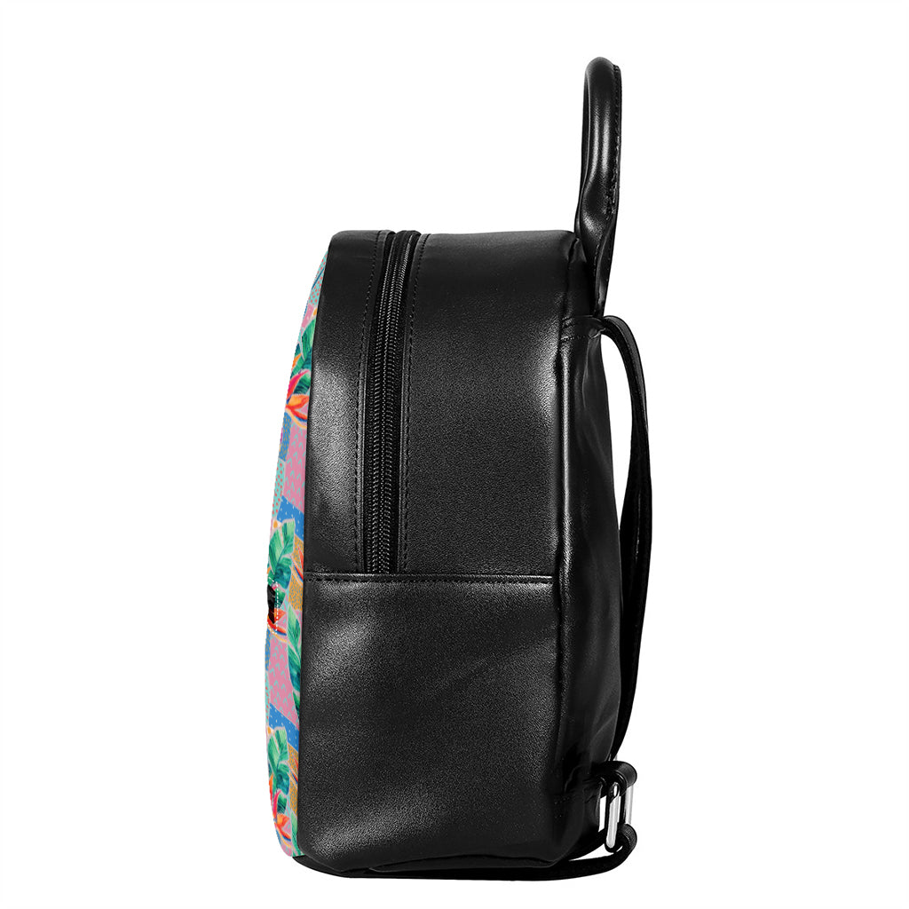 Watercolor Tropical Patchwork Print Leather Backpack