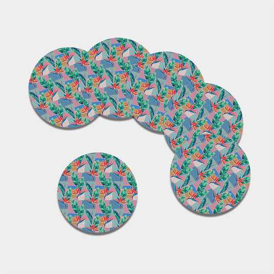 Watercolor Tropical Patchwork Print Leather Coaster Set