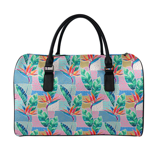 Watercolor Tropical Patchwork Print Leather Duffle Bag