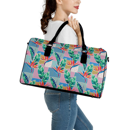 Watercolor Tropical Patchwork Print Leather Duffle Bag