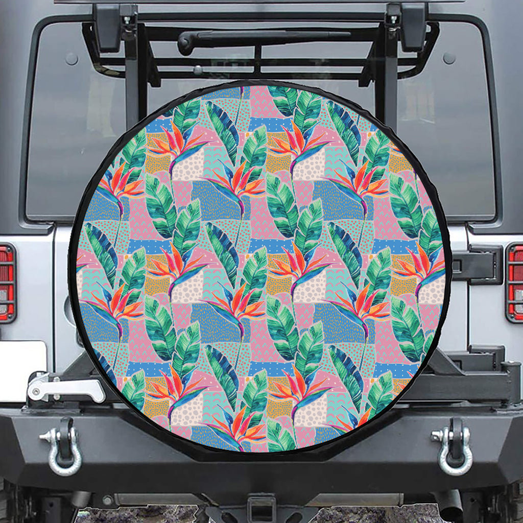 Watercolor Tropical Patchwork Print Leather Spare Tire Cover