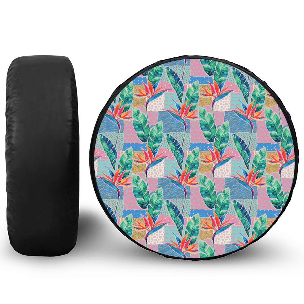 Watercolor Tropical Patchwork Print Leather Spare Tire Cover