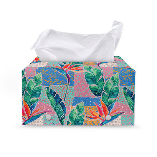 Watercolor Tropical Patchwork Print Leather Tissue Box Cover