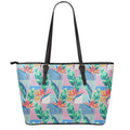 Watercolor Tropical Patchwork Print Leather Tote Bag With Zipper