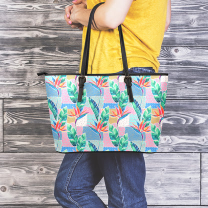 Watercolor Tropical Patchwork Print Leather Tote Bag