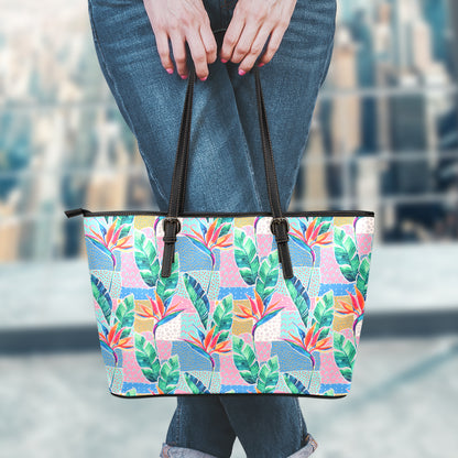 Watercolor Tropical Patchwork Print Leather Tote Bag
