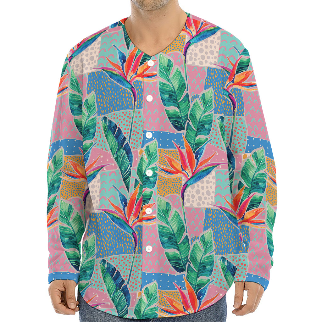 Watercolor Tropical Patchwork Print Long Sleeve Baseball Jersey