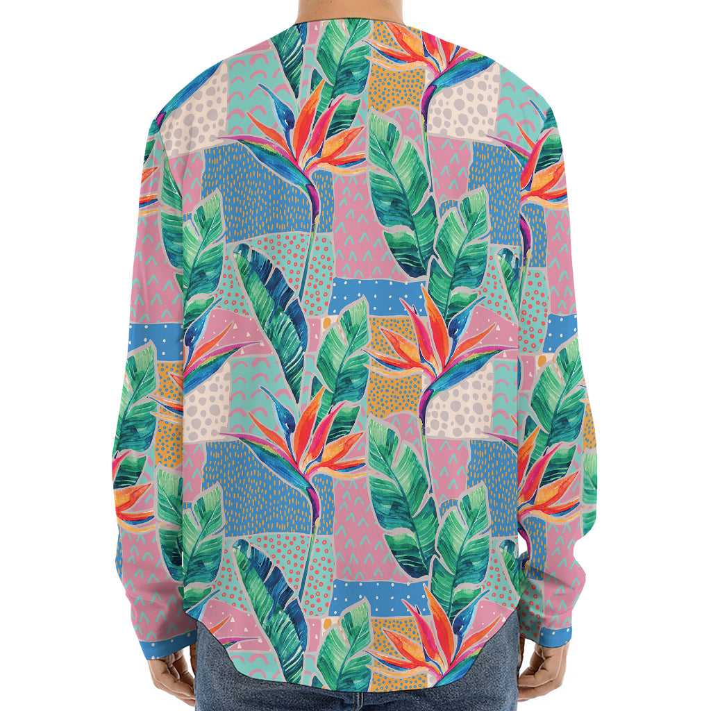 Watercolor Tropical Patchwork Print Long Sleeve Baseball Jersey