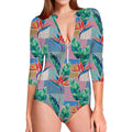 Watercolor Tropical Patchwork Print Long Sleeve Swimsuit