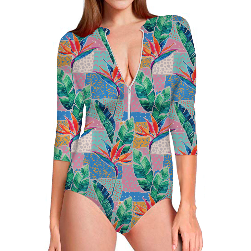 Watercolor Tropical Patchwork Print Long Sleeve Swimsuit