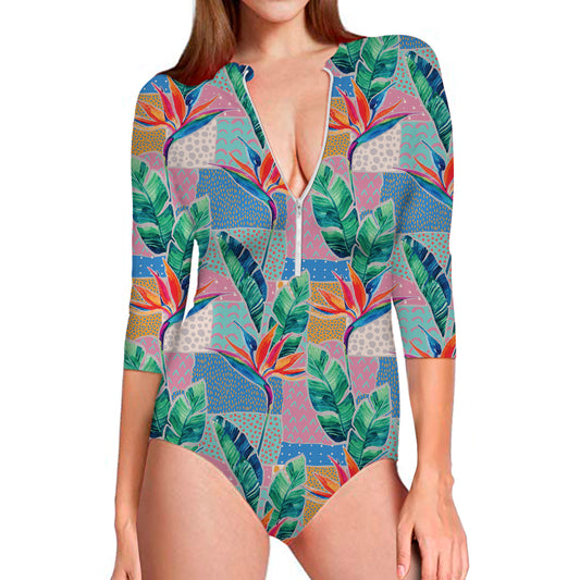 Watercolor Tropical Patchwork Print Long Sleeve Swimsuit
