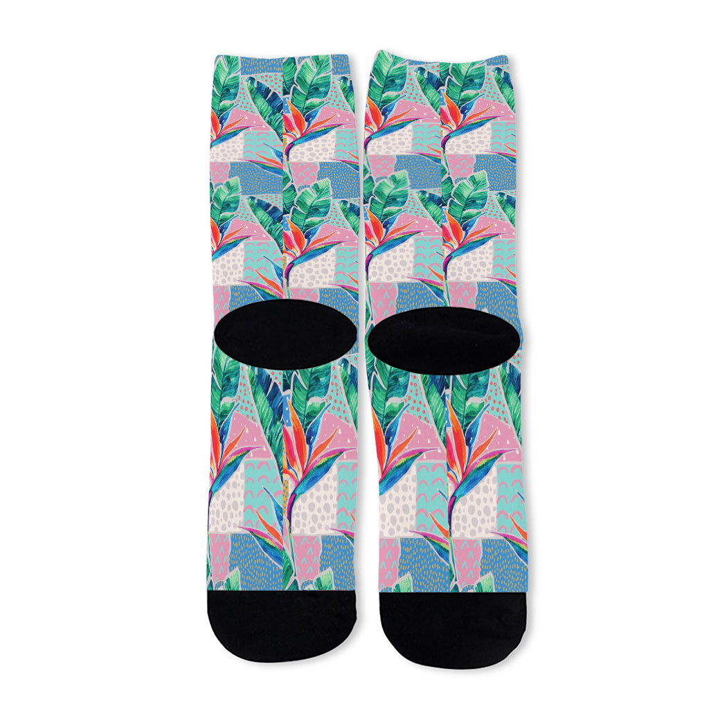Watercolor Tropical Patchwork Print Long Socks