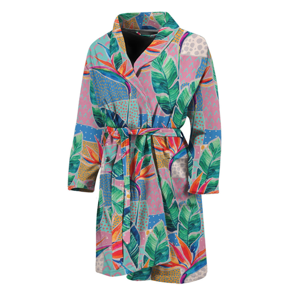 Watercolor Tropical Patchwork Print Men's Bathrobe