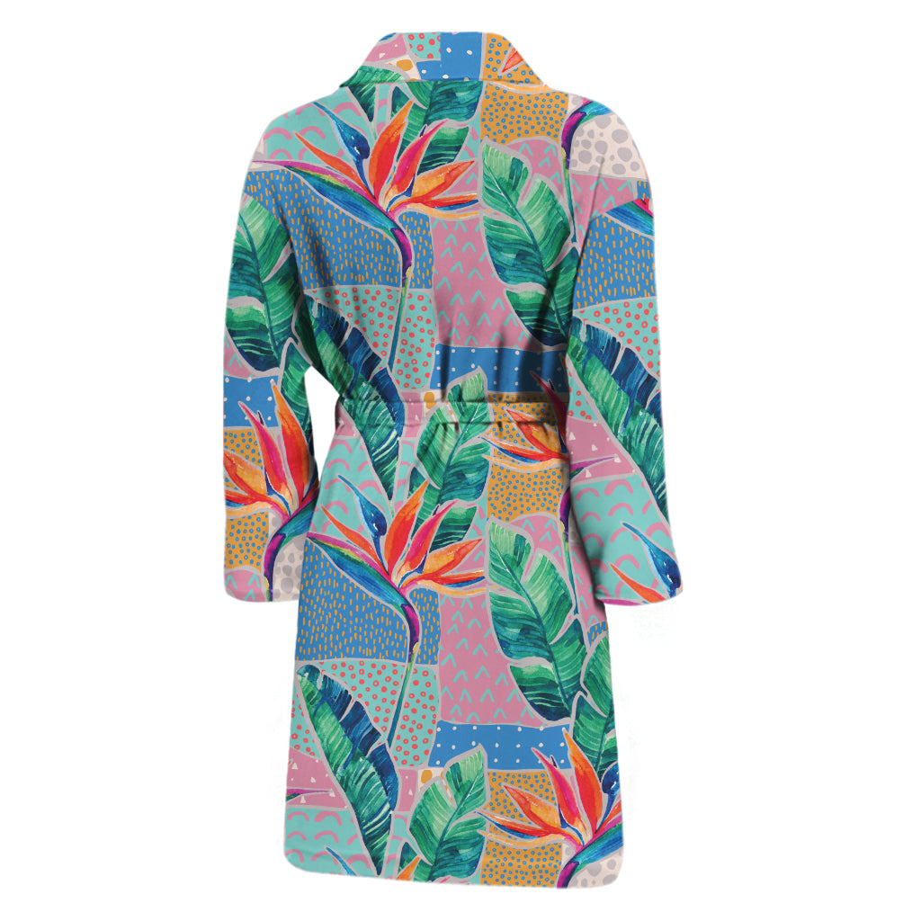 Watercolor Tropical Patchwork Print Men's Bathrobe
