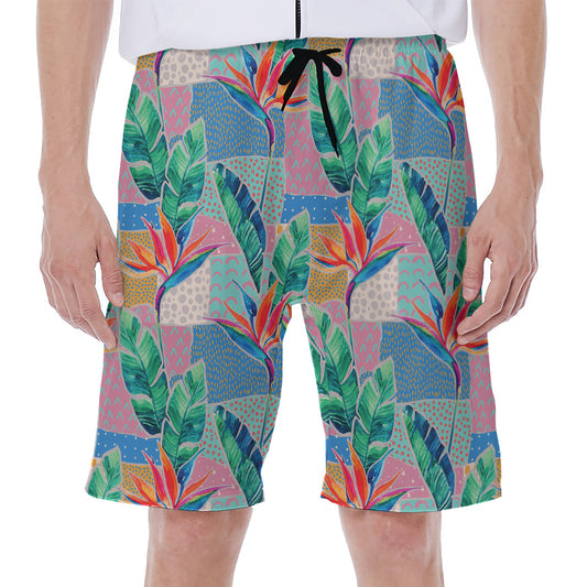 Watercolor Tropical Patchwork Print Men's Beach Shorts