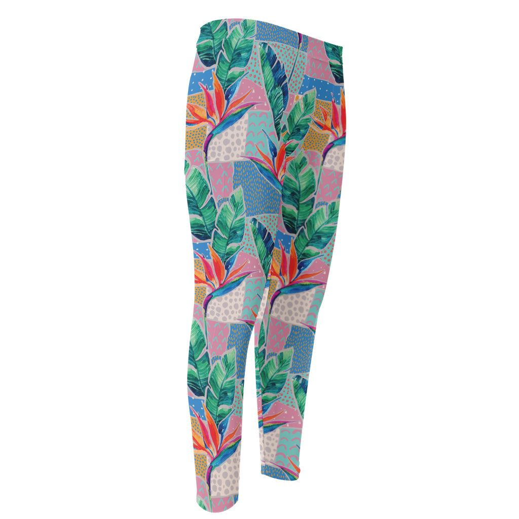 Watercolor Tropical Patchwork Print Men's Compression Pants