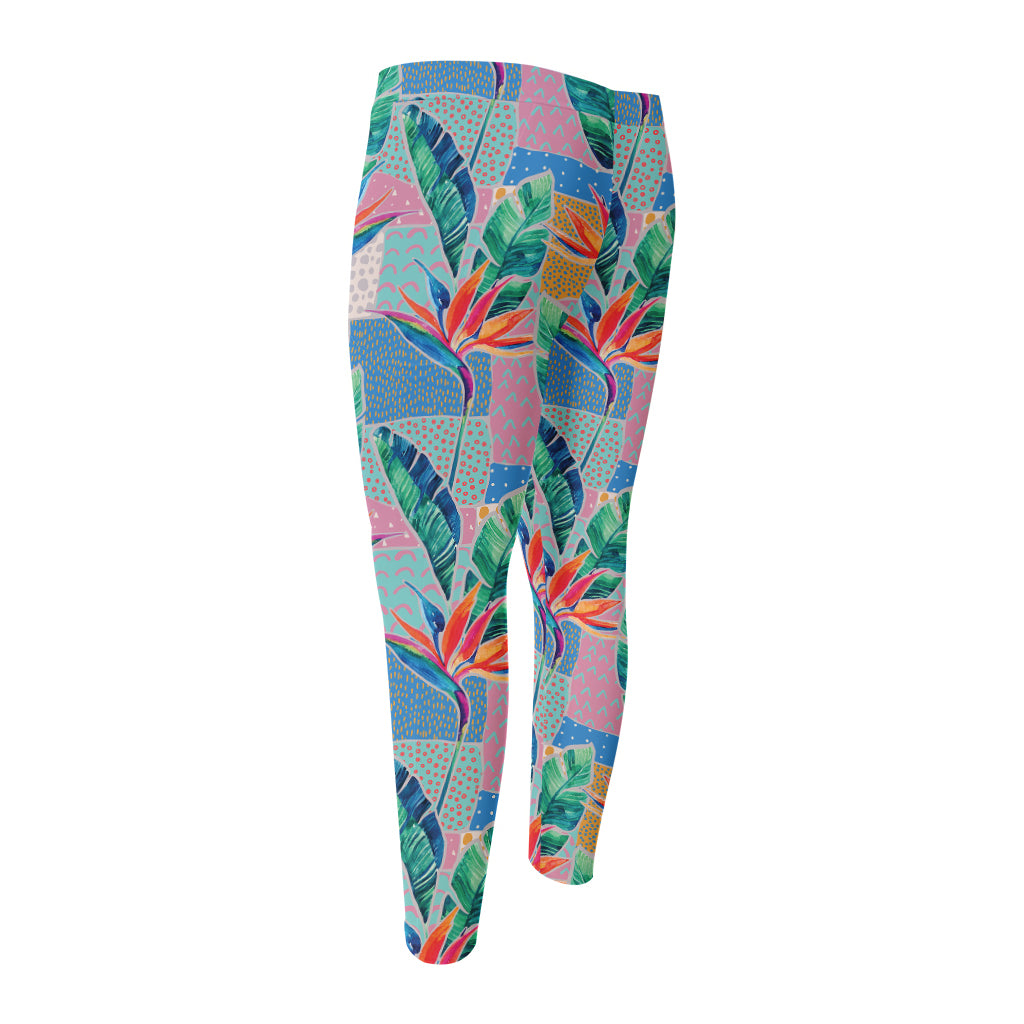 Watercolor Tropical Patchwork Print Men's Compression Pants