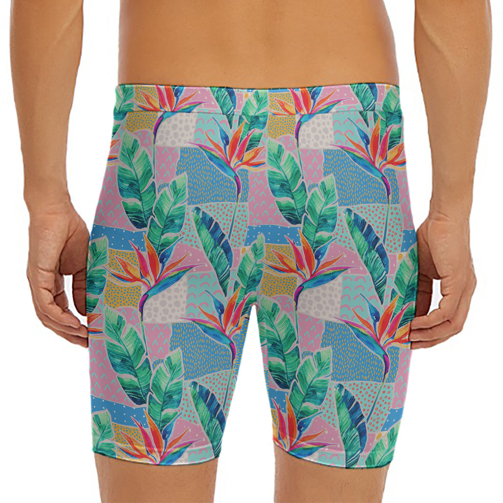Watercolor Tropical Patchwork Print Men's Long Boxer Briefs