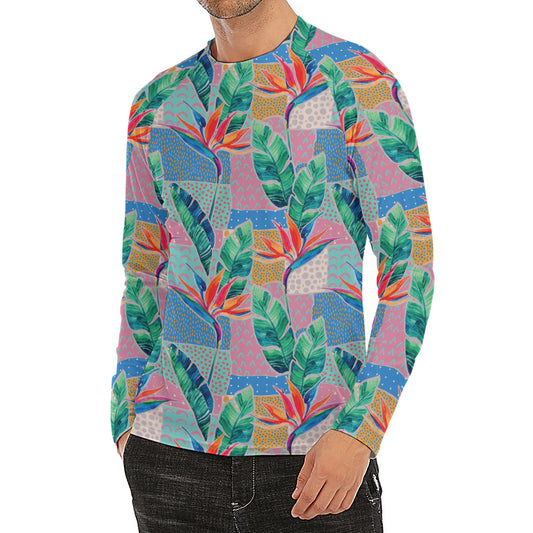 Watercolor Tropical Patchwork Print Men's Long Sleeve Rash Guard