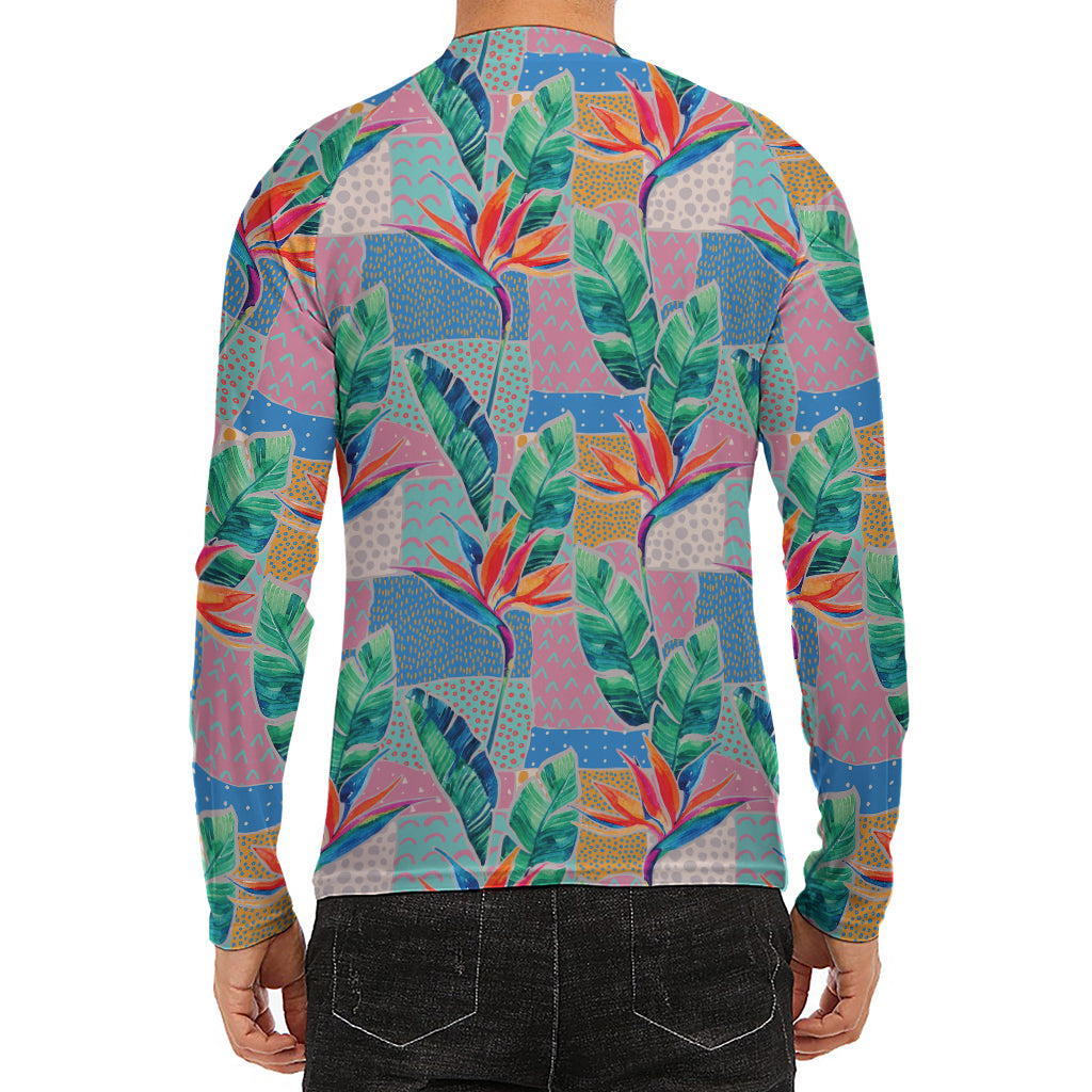 Watercolor Tropical Patchwork Print Men's Long Sleeve Rash Guard