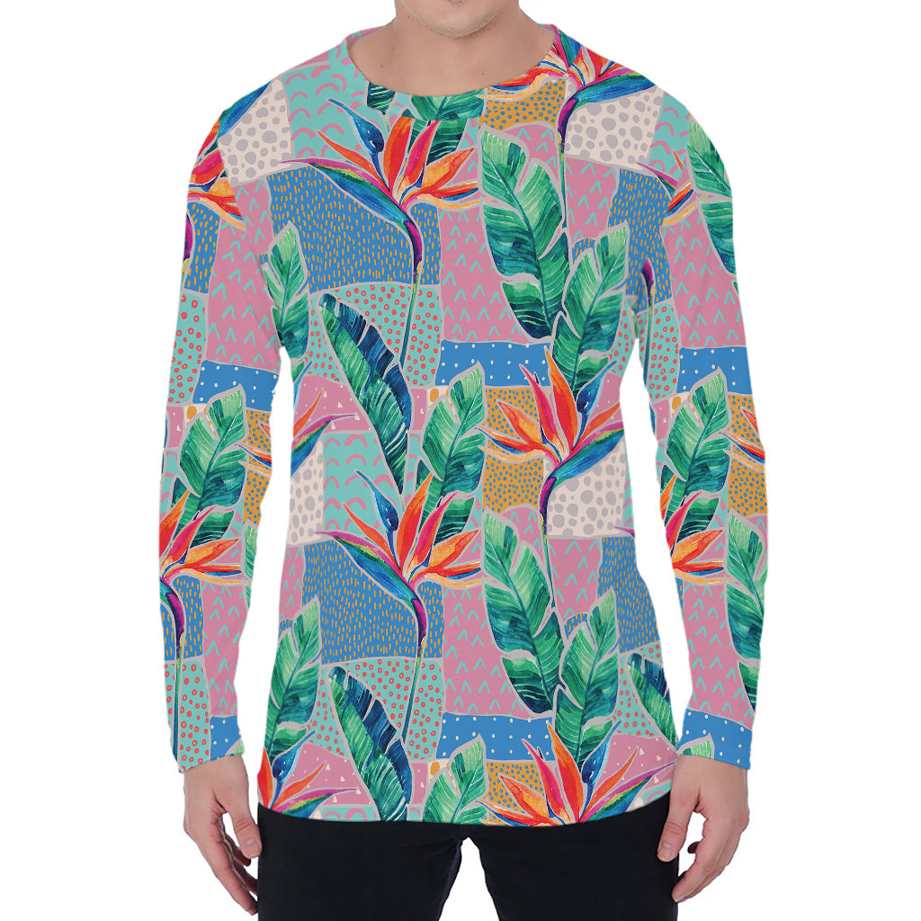 Watercolor Tropical Patchwork Print Men's Long Sleeve T-Shirt