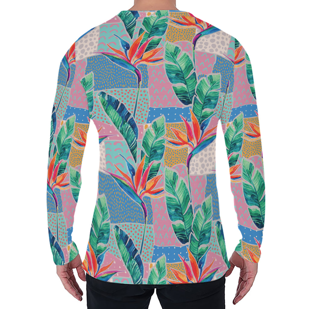 Watercolor Tropical Patchwork Print Men's Long Sleeve T-Shirt