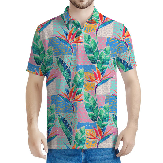 Watercolor Tropical Patchwork Print Men's Polo Shirt