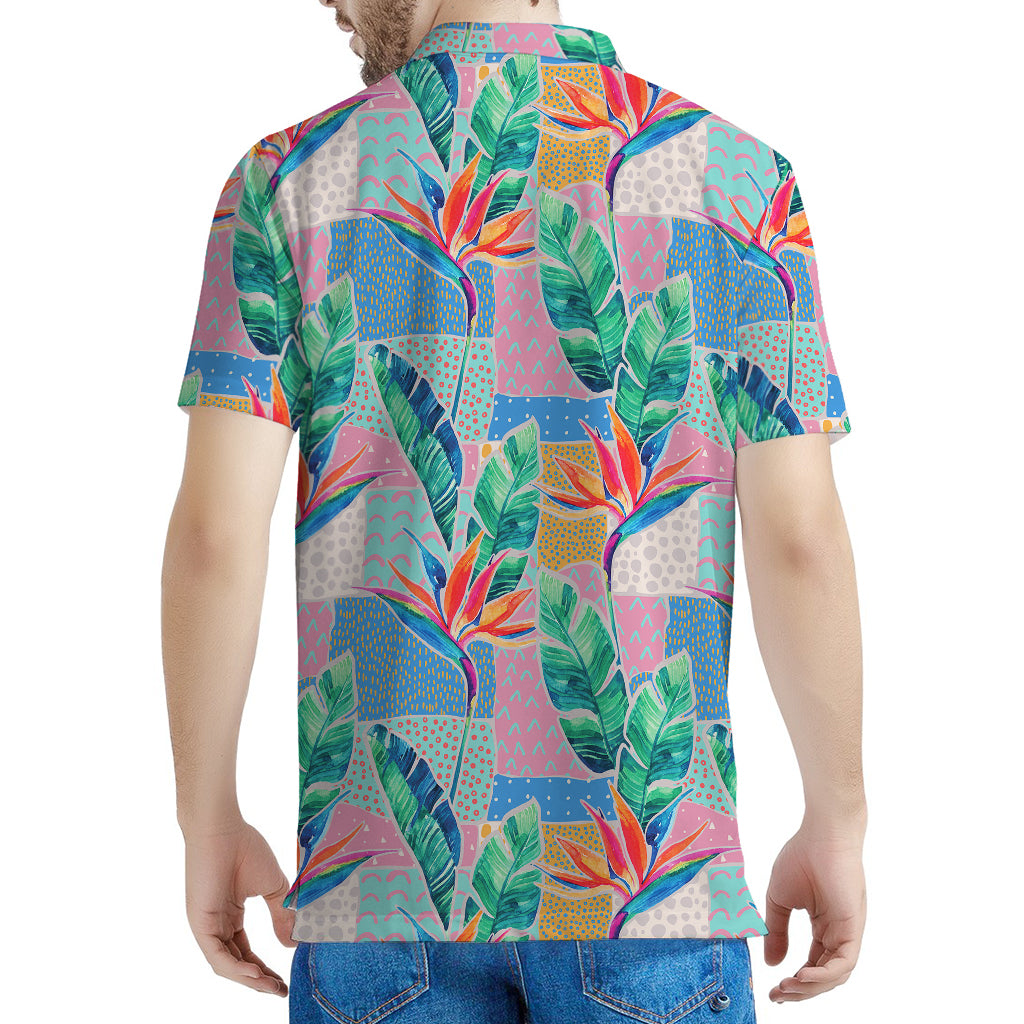 Watercolor Tropical Patchwork Print Men's Polo Shirt
